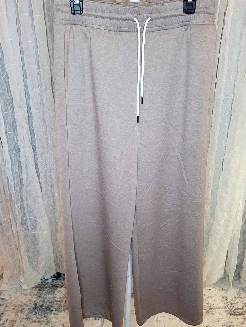 Zenana Outfitters Soft Scuba Wide Leg Drawstring Lounge Pants Taupe L